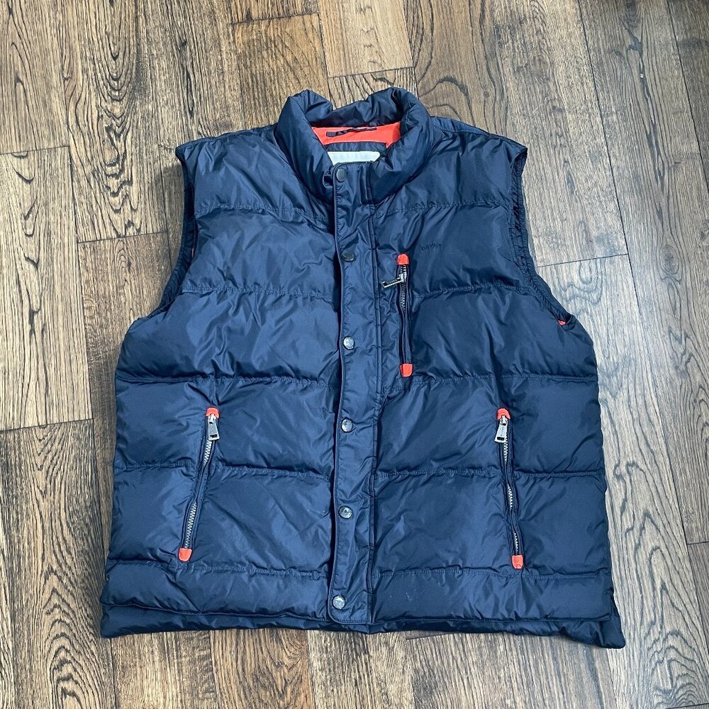 Orvis Classic Collection Women's Navy Blue Down Puffer Vest Orange Accents XL